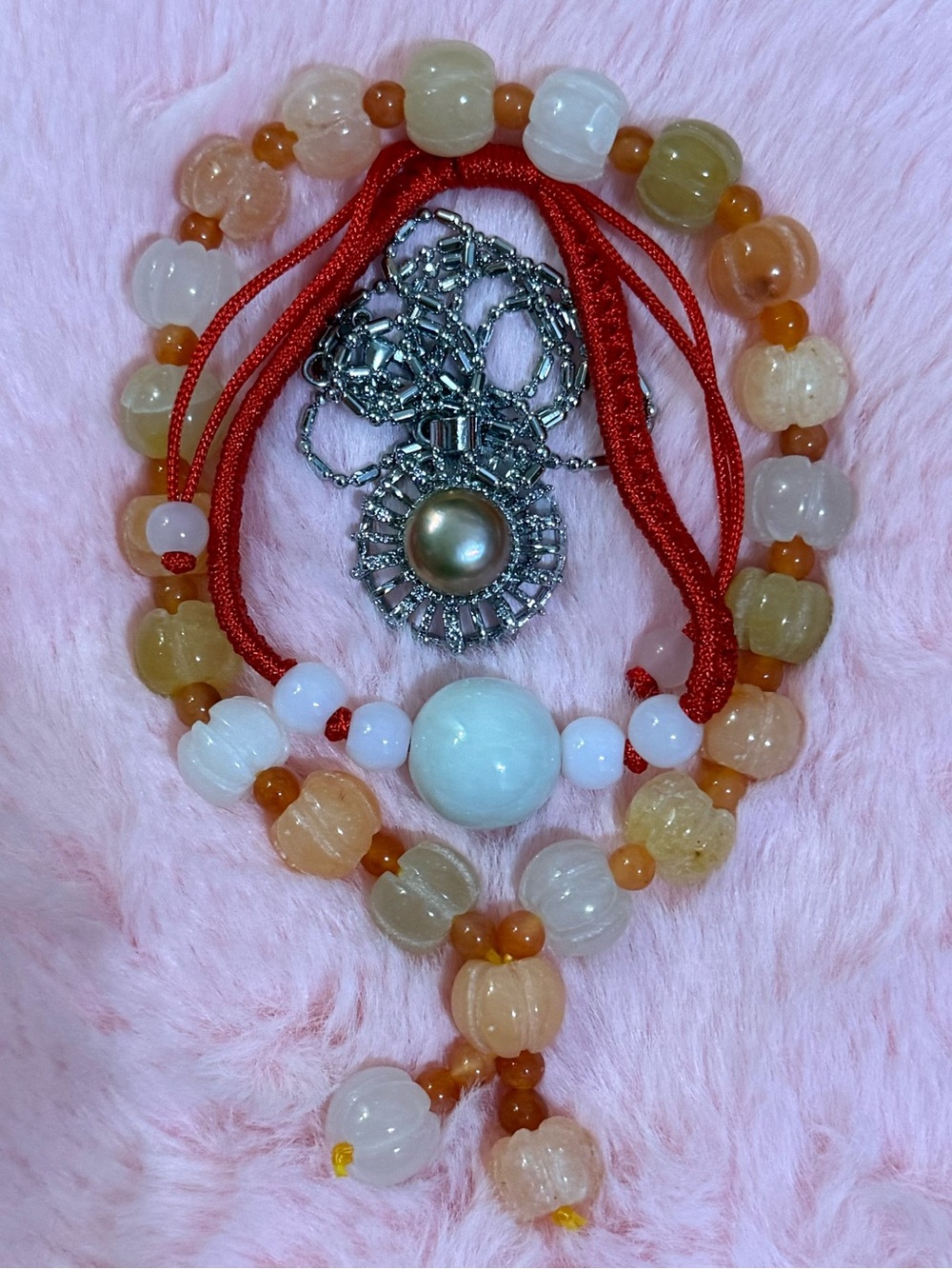 Elegant Sterling Silver South Sea Pearl Pendant Necklace & Pumpkin Jade Bracelet